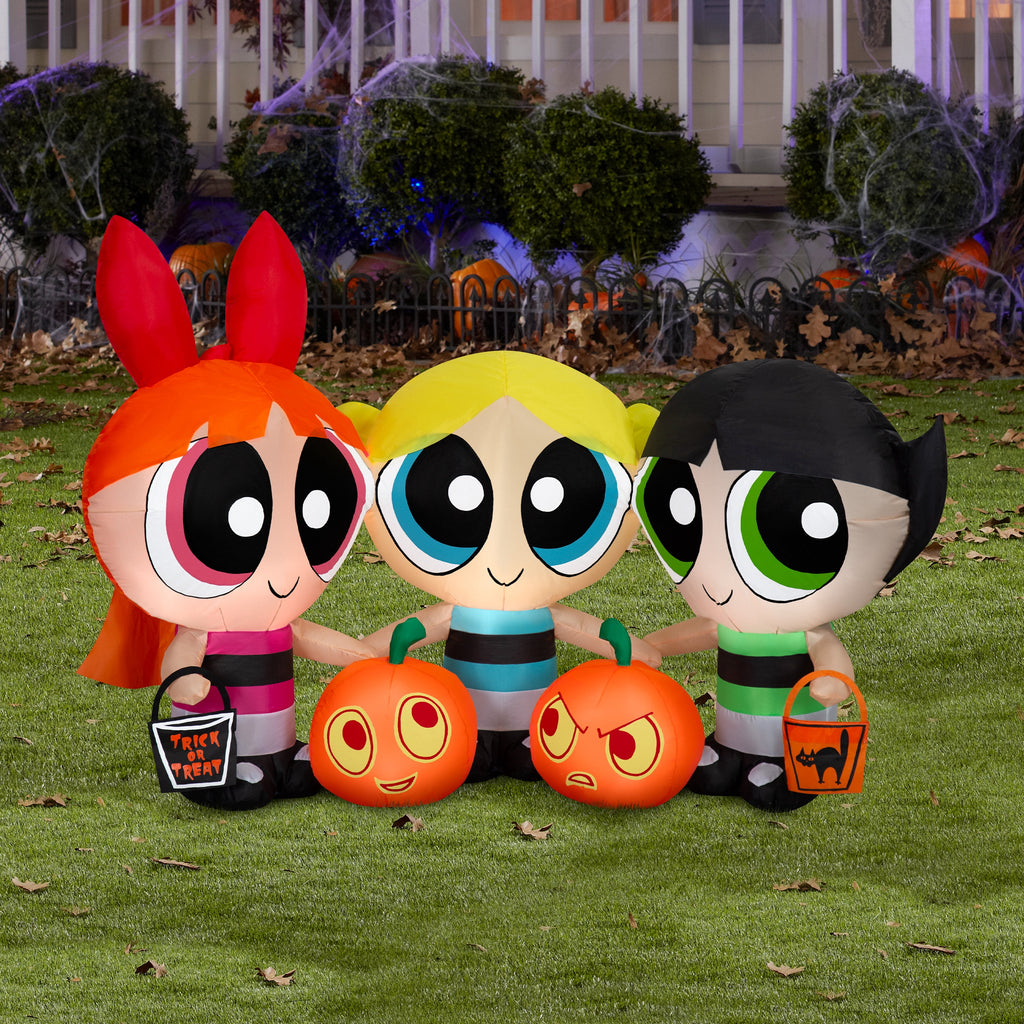 Powerpuff Girls Halloween Inflatable Scene with Blossom, Bubbles and Buttercup, 4-Ft Lighted Airblown Yard Decor