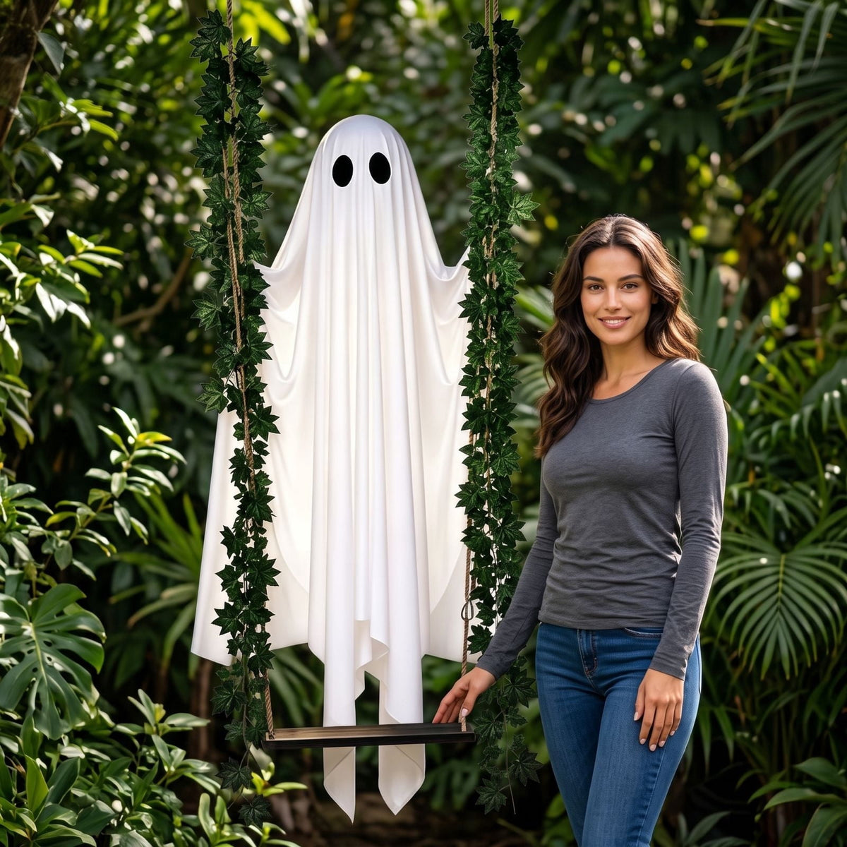 Outdoor Halloween Decorations Gaslight Ghoul, 79" Tall Hanging Skeleton Holding Street Light with Creepy Blue Eyes, Tattered Robe Ghost Decor for Yard Patio Walkway, Front Porch, Road