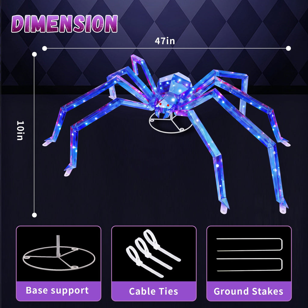 47-Inch Prismatic Iridescent Spider Halloween Decoration with 150 LED Lights, Red Glowing Eyes, Metal Base and Ground Stakes