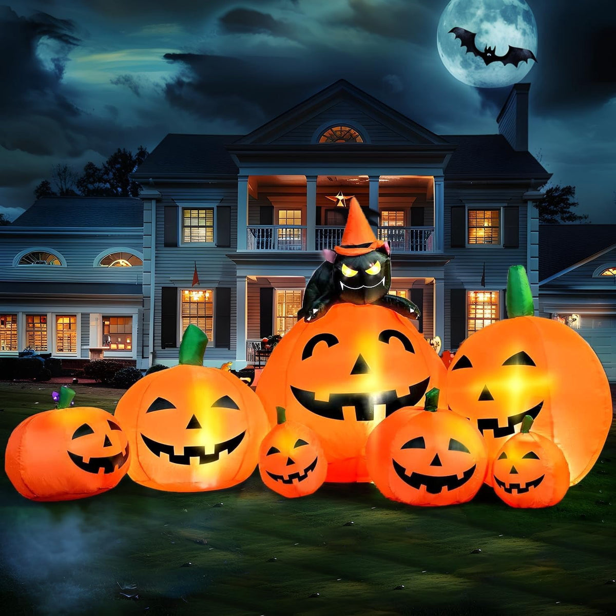 7 FT Halloween Inflatable 7 Pumpkins with Witch Cat LED Outdoor Yard Decoration