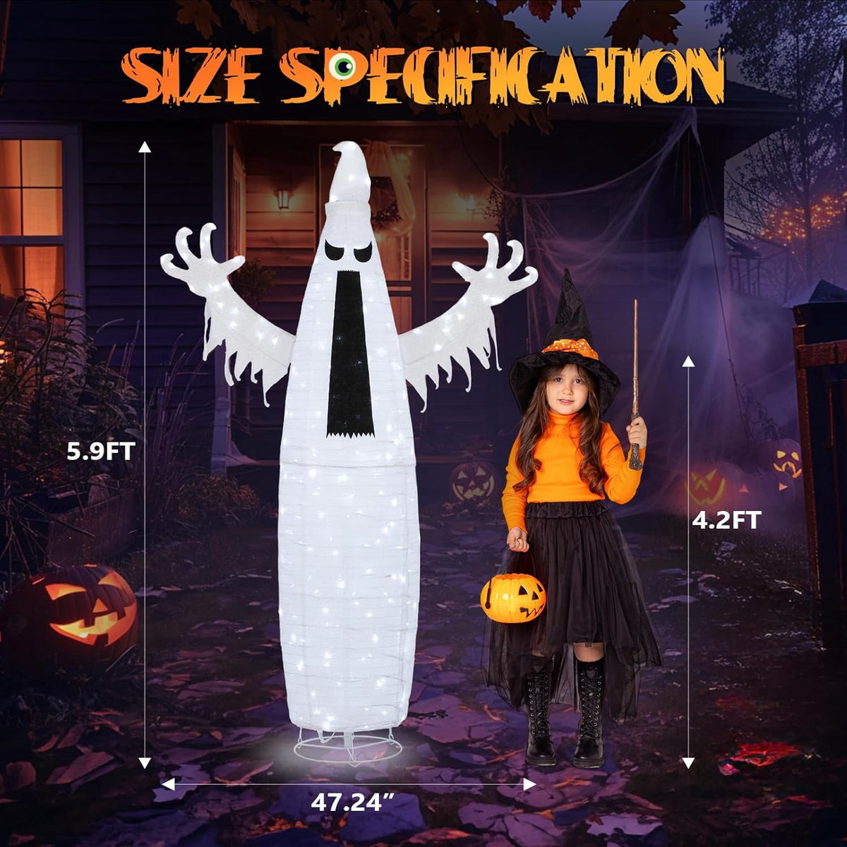 VINGLI 4FT Scary Lighted Halloween Decorations Outdoor, Pop Up Halloween Ghost Decorations, Light Up Ghost Decor with Pre-lit 135 LEDs, Cute Broom, Black Hat for Porch Yard Lawn Patio