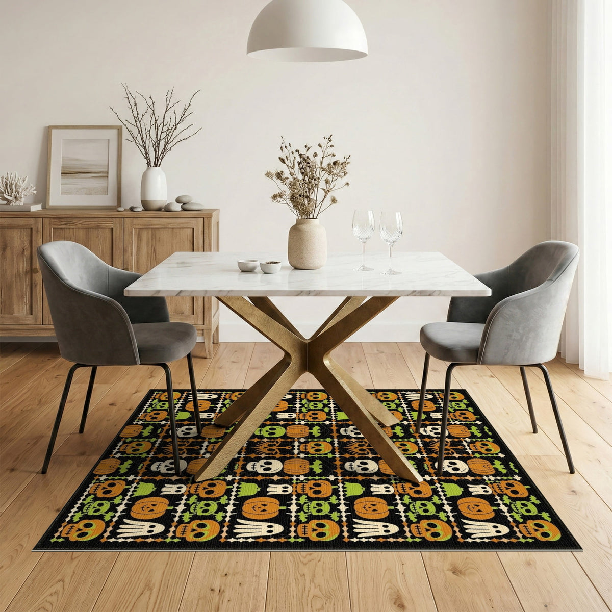 ODIKA 8'x10' Washable Area Rug Halloween Harvest Spirits Grinning Lantern Entrance Doormat Door for Living Room, Under Sectional, Family , Durable, Non-Slip