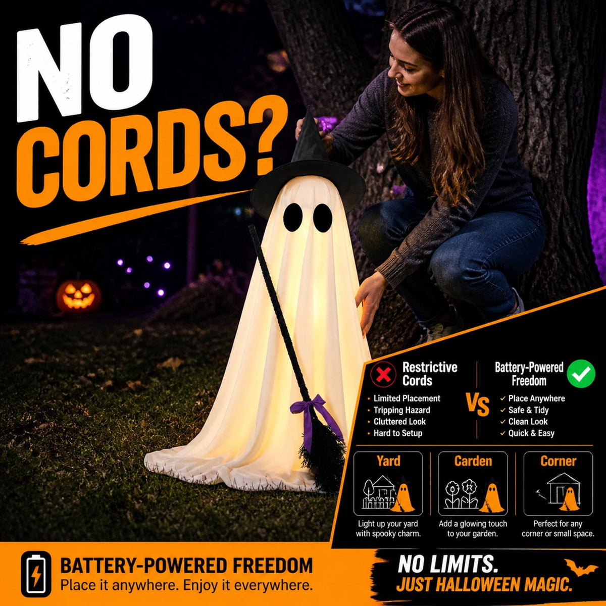 Standing Light Up Ghost with Witch Broom 40 In White 1 Pack