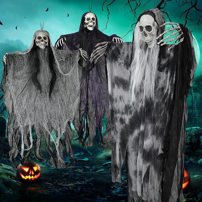 Halloween D rations Outdoor/Indoor - 3 Pack Hanging Skeleton Ghosts D rations for Tree, Yard, Window, Garden