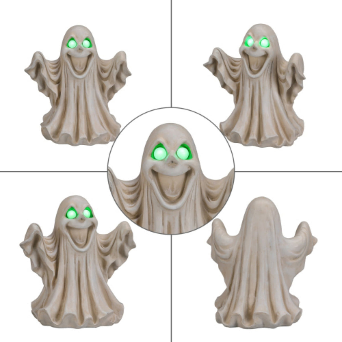 SpookHaven Halloween Ghost Resin Figurine, Light‑Up Ghost Statue with LED Glowing Green Eyes for Spooky Tabletop & Haunted House Party Decor