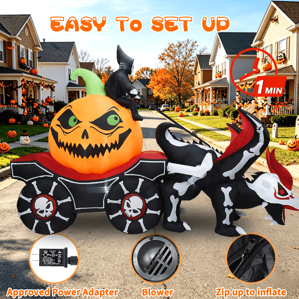 KINQUINN 9 FT Halloween Inflatable Dragon Pull Pumpkin Cart Outdoor Decorations, Blow Up Dragon with Build-in LEDs, Halloween Decorations for Yard Lawn Party Garden Outside Indoor Home Porch
