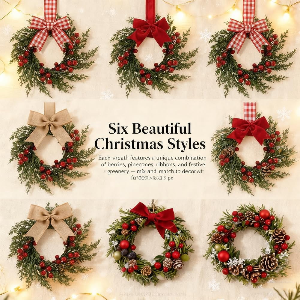 Christmas Mini Wreaths, Set of Small Artificial Pine Cabinet Rings with Bows & Berries, Holiday Door & Window Decor, Hanging Indoor Outdoor Christmas Decorations (Black/Red Check, 10PCS)