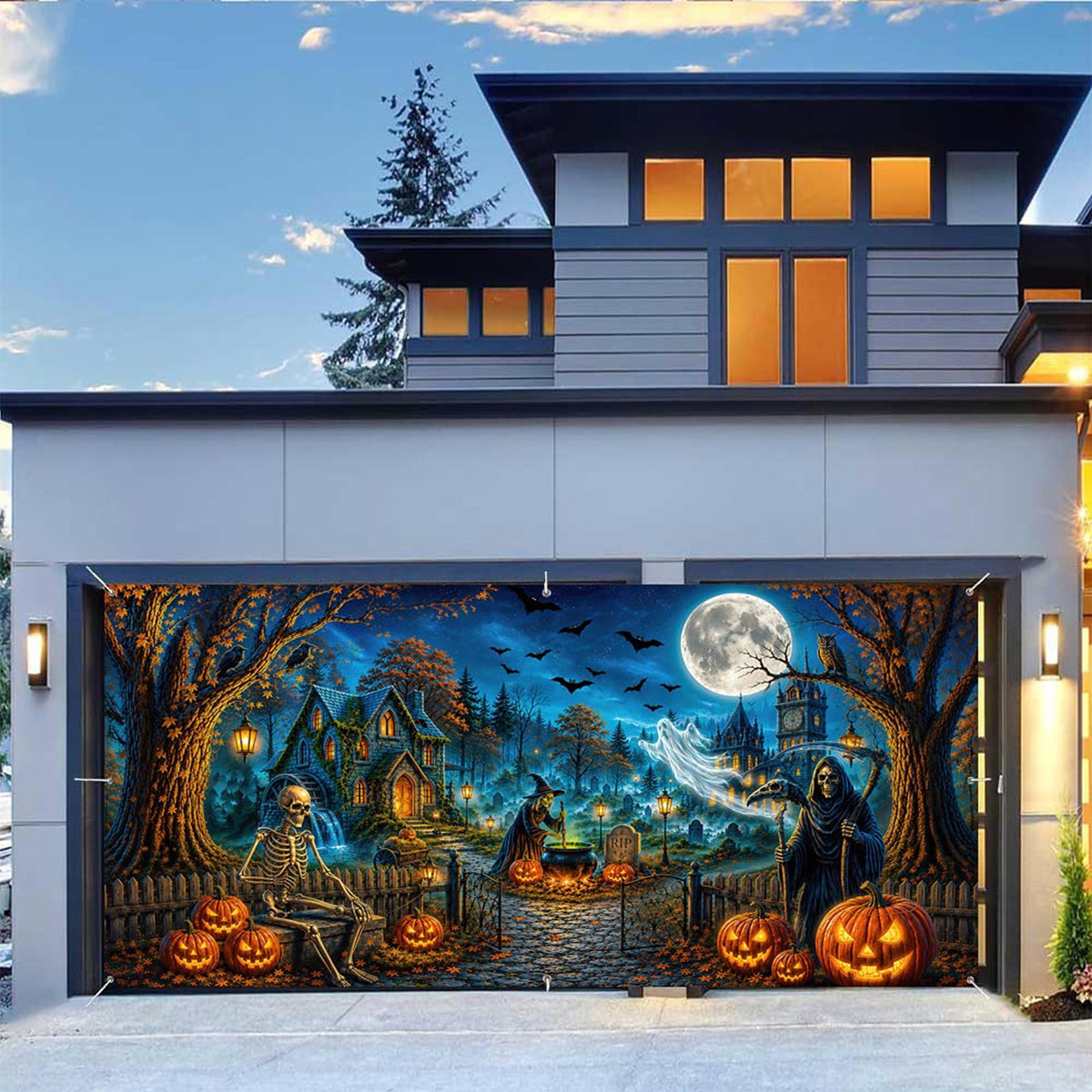 16X7ft Halloween Garage Door Cover Decorations, Spooky Skeletons Pumpkin Large Garage Wall Backdrop Hanging Banner for Halloween Yard Indoor Outdoor Party Decor