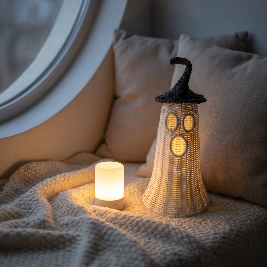 Wicker Ghost Halloween Decor with Witch Hat, Spooky Farmhouse Fall Tabletop Ornament, Hollow Handwoven White Ghost Figurine, Light Up Rustic Home Mantel Shelf Decor for Autumn Halloween Party