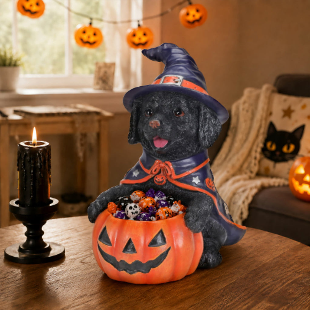 SpookHaven Halloween Jack‑O‑Lantern Pumpkin Mist Sprayer Figurine, LED Light‑Up Fogger with Witch Hat & Skull Decoration, Spooky Ornament for Tabletop Entryway Halloween Party Home Decor