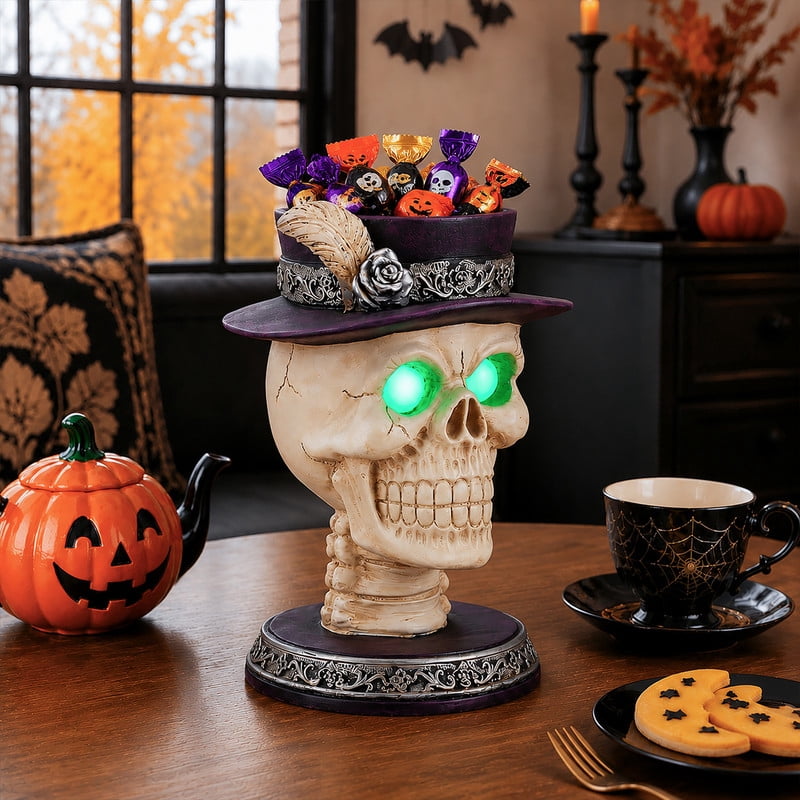 Halloween Resin Skull Candle Holder Figurine with LED Glowing Green Eyes, Skeleton Head Statue with Feather Top Hat, Spooky Tabletop Halloween Party Decor