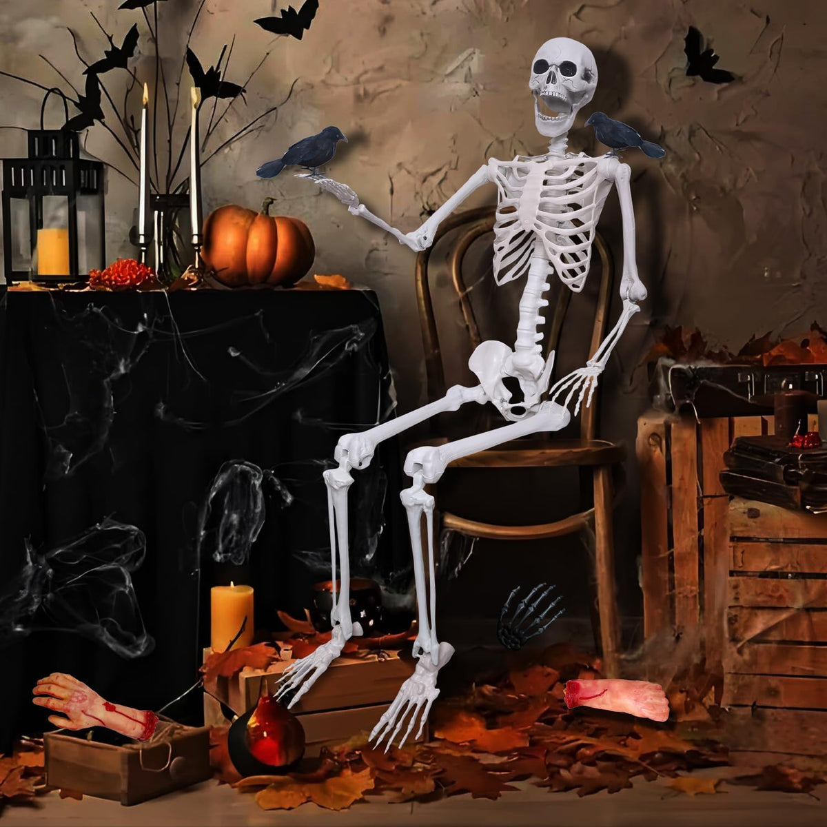 5.4ft/165cm Halloween Skeleton with Realistic Crows Full Body Plastic Human Bones with Movable Joints for Indoor Outdoor Halloween Decor
