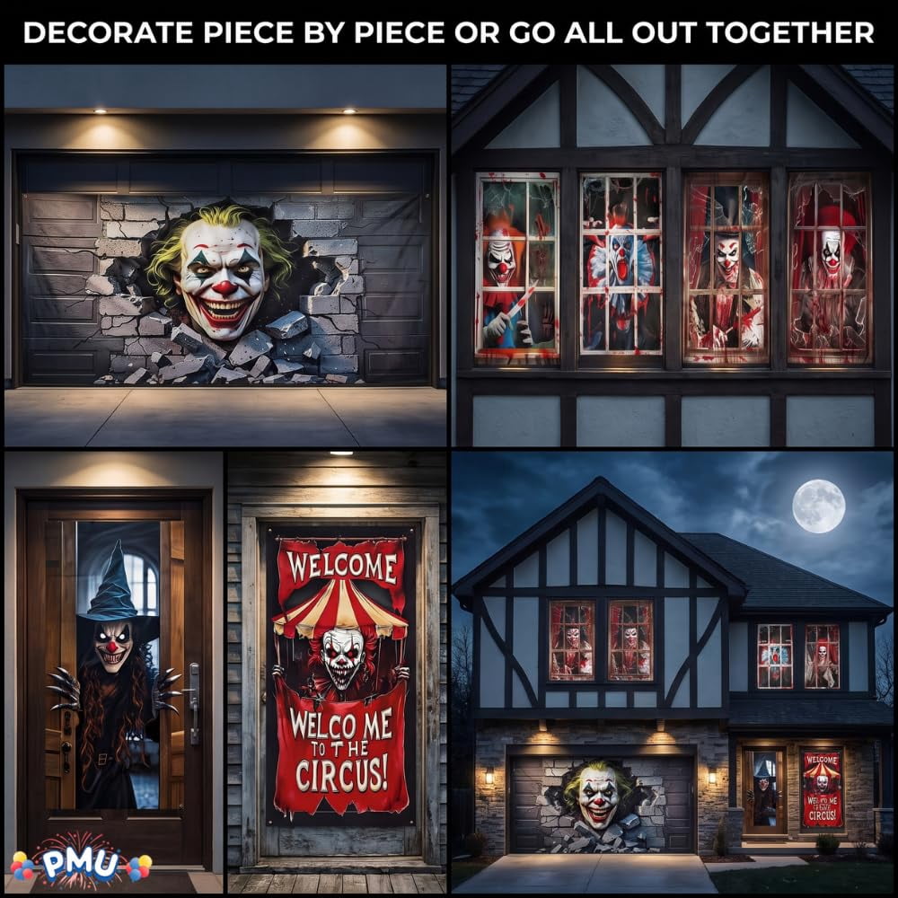 PMU 7-Piece Halloween Garage Door Cover Set, 16 x 7 ft, Skeleton Window & Door Decorations