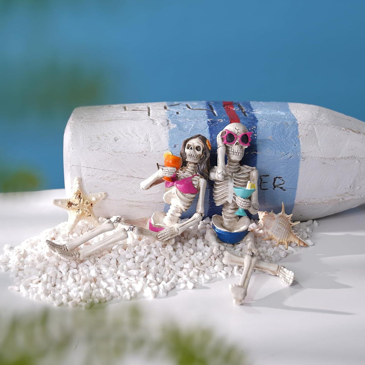 Halloween Skeleton Statue in Bikini Sunglasses for Summer and Spooky Decor