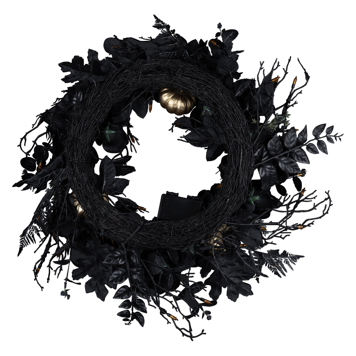 24 in. Artificial Chic Eek Black and Gold Halloween Wreath, 40 Orange LED Lights, Battery Operated