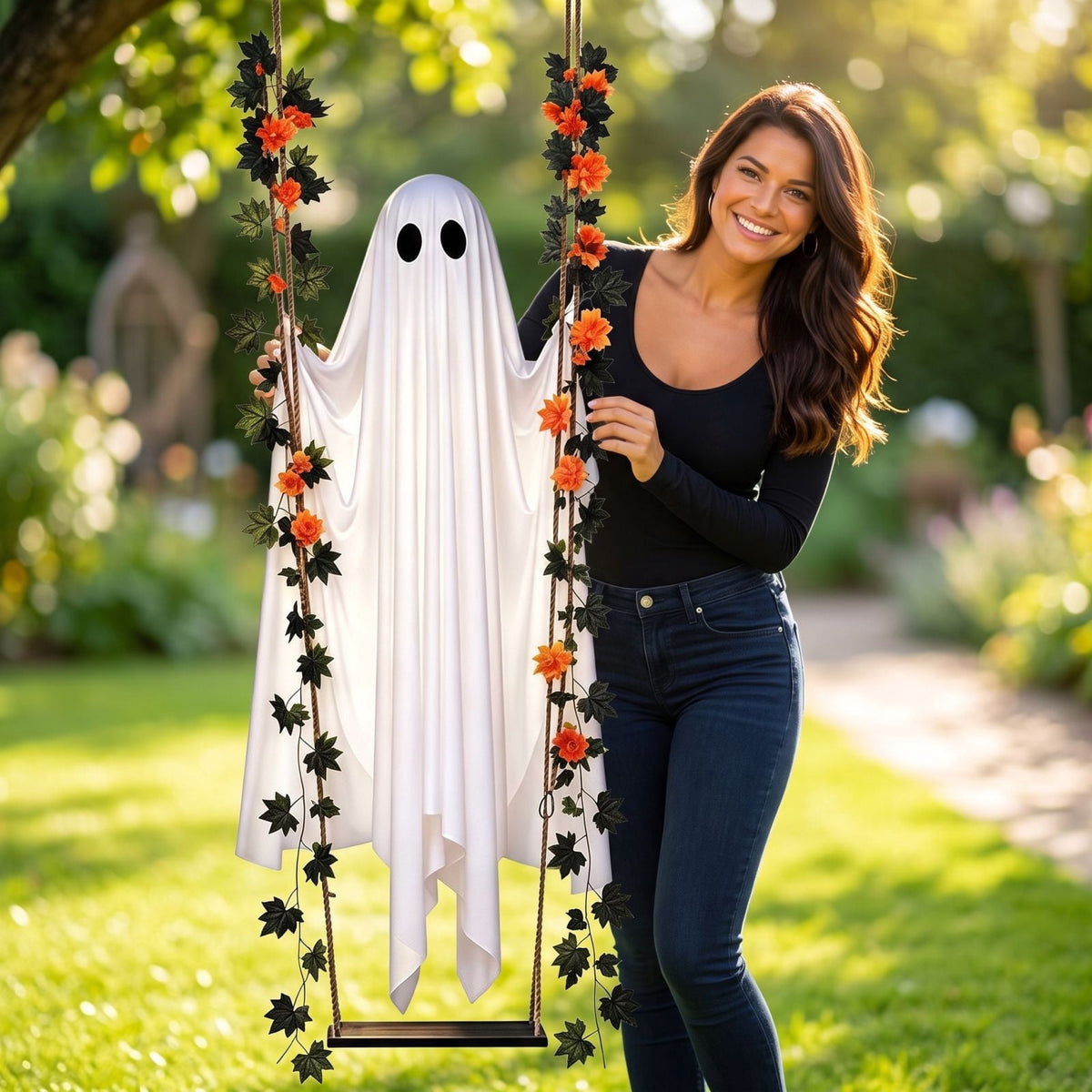 Outdoor Halloween Decorations Gaslight Ghoul, 79" Tall Hanging Skeleton Holding Street Light with Creepy Blue Eyes, Tattered Robe Ghost Decor for Yard Patio Walkway, Front Porch, Road