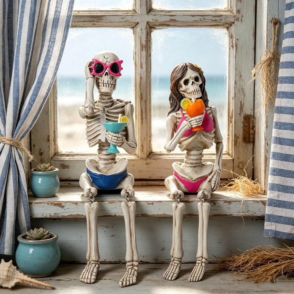 Halloween Skeleton Statue in Bikini Sunglasses for Summer and Spooky Decor