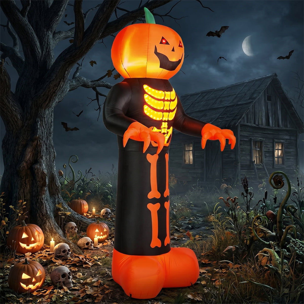 12ft Giant Halloween Inflatable Grim Reaper with Skeleton Ribs and Pumpkin 115 LED Lights