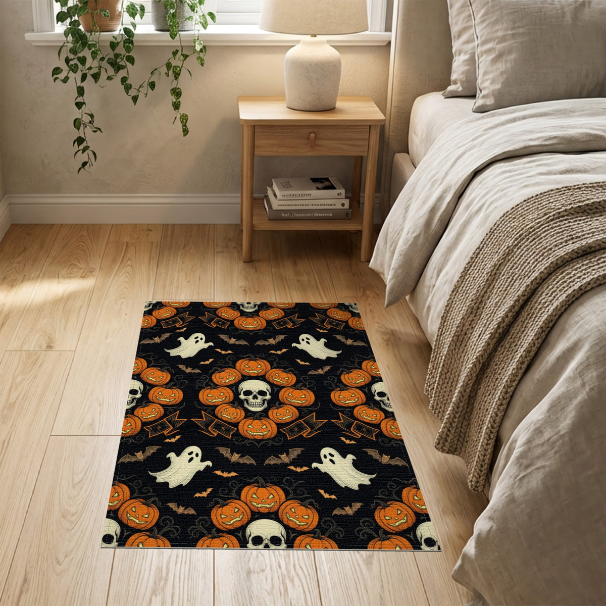 ODIKA Halloween October Phantom Gourd Flying Creature Fiber Doormat Stain Resistant Low Profile for Dorm Room, Small Living Apartment