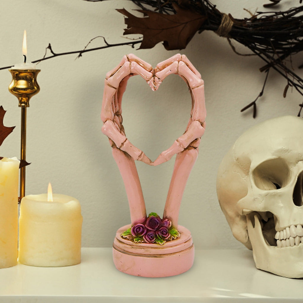 3Pcs Halloween Skeleton Heart Hands Sculpture, Resin Abstract Bone Finger Gesture Statue with Floral Ornament Base, Gothic Home Desktop Decor for Shelf, Mantel, Dressing Table and Party Display