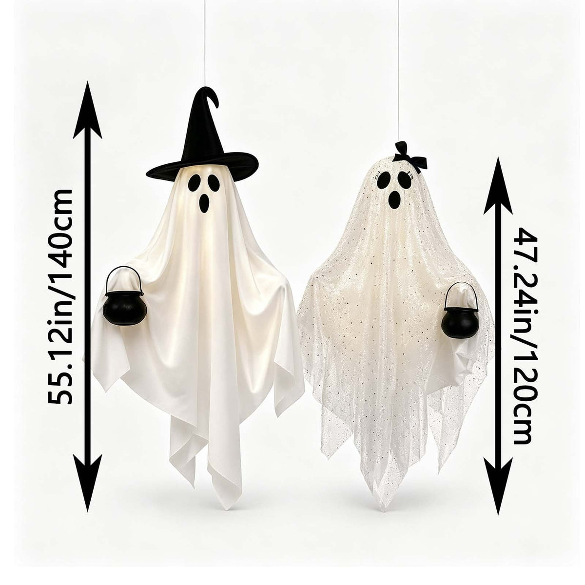 2 Pack Light Up Standing Tulle Ghost Halloween Decorations with Witch Hat, Warm LED Fairy Light Ghost Yard Stakes, Spooky Cute Ghost Outdoor Lawn Porch Mantel Home Halloween Party Decor