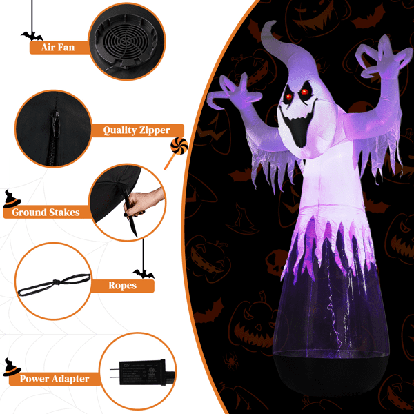 Alvantor 12 ft Clear PVC Ghost Halloween Inflatable with 2 LED Lights and Stage Light, Black and White