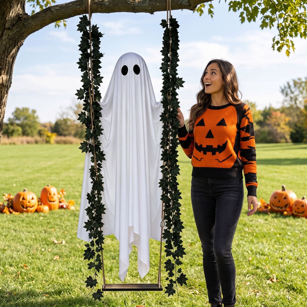 Outdoor Halloween Decorations Gaslight Ghoul, 79" Tall Hanging Skeleton Holding Street Light with Creepy Blue Eyes, Tattered Robe Ghost Decor for Yard Patio Walkway, Front Porch, Road
