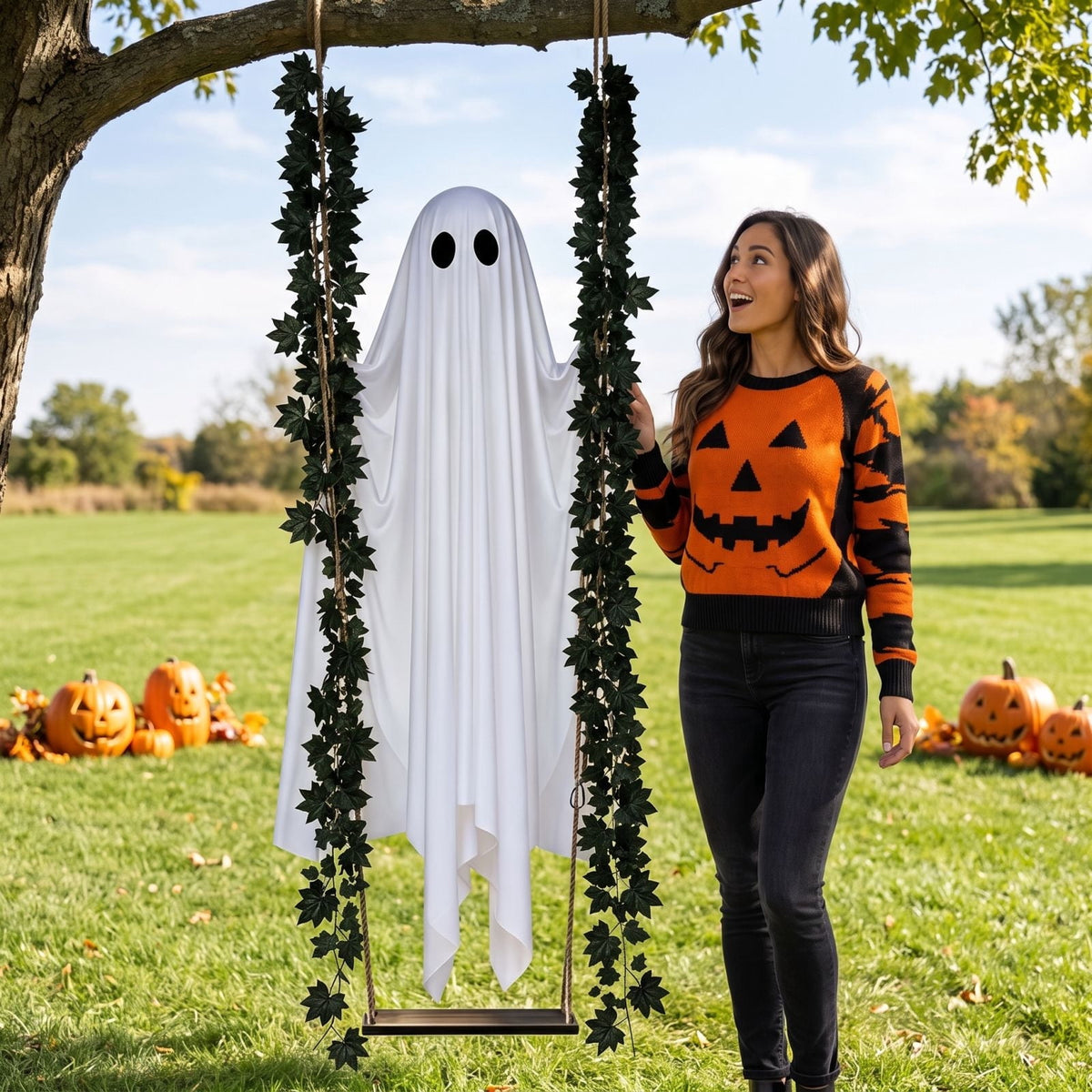 Outdoor Halloween Decorations Gaslight Ghoul, 79" Tall Hanging Skeleton Holding Street Light with Creepy Blue Eyes, Tattered Robe Ghost Decor for Yard Patio Walkway, Front Porch, Road