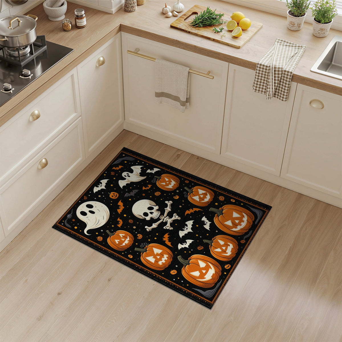 ODIKA Halloween Ghost Pumpkin Bat Skull Welcome Doormat Fiber Door for Dorm Room, Small Living Apartment, Stain Resistant Low Profile