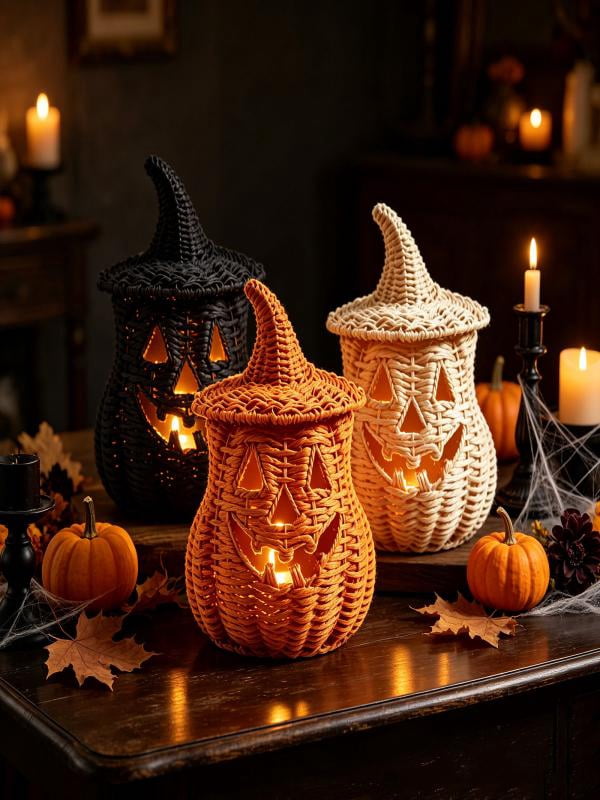 Lighted Halloween Table Centerpiece, Witch Hat Pumpkin Lamp, Black Woven Rattan Halloween Decor Indoor, Glowing Tabletop Decoration for Party Home