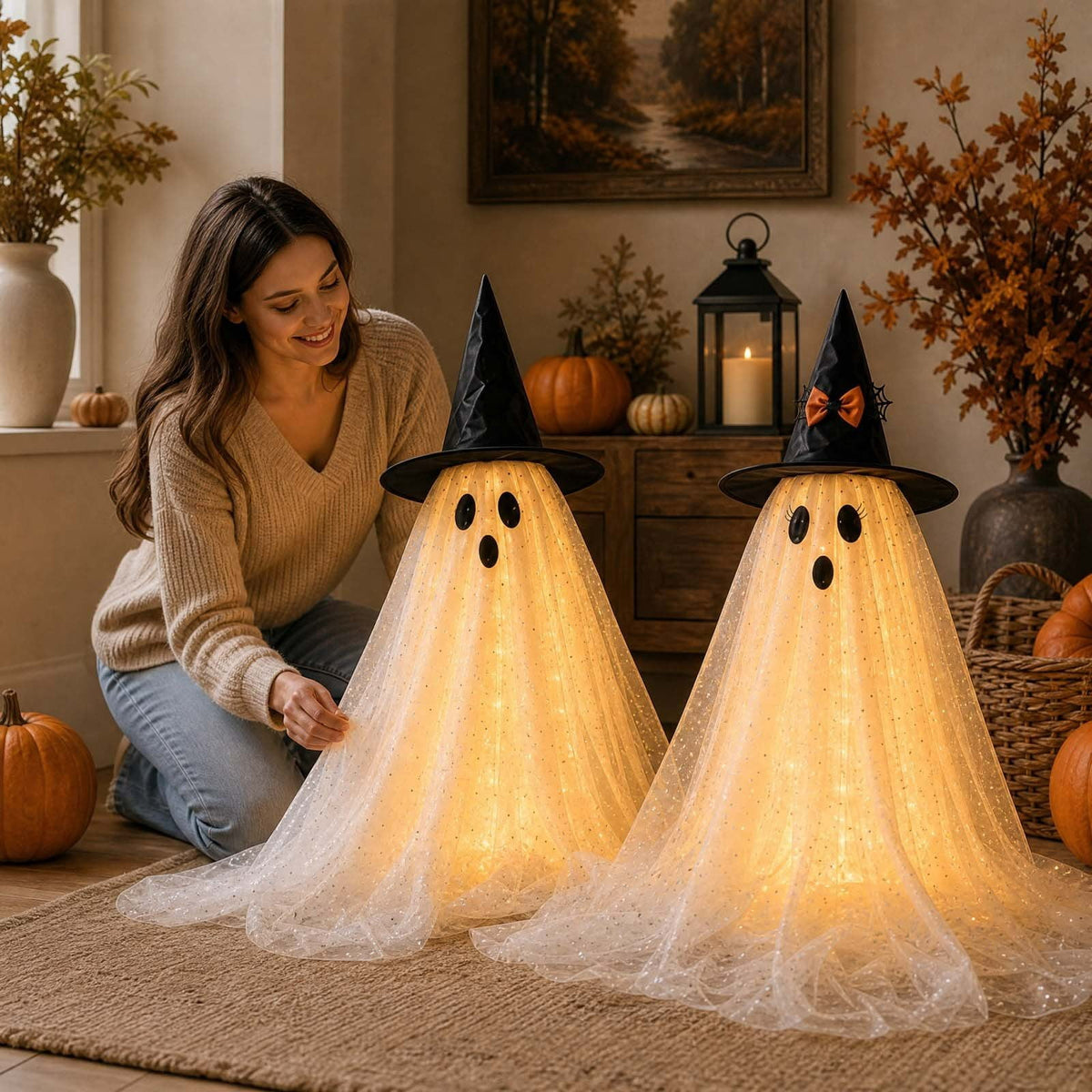 2 Pack Light Up Standing Tulle Ghost Halloween Decorations with Witch Hat, Warm LED Fairy Light Ghost Yard Stakes, Spooky Cute Ghost Outdoor Lawn Porch Mantel Home Halloween Party Decor