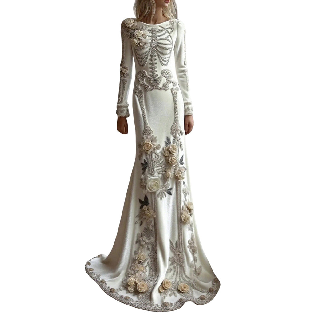 Women Halloween Skeleton Mermaid Dress, Velvet Long Sleeve Bodycon Gown with 3D Floral Appliques, Floor‑Trailing Gothic Costume for Party Cosplay L