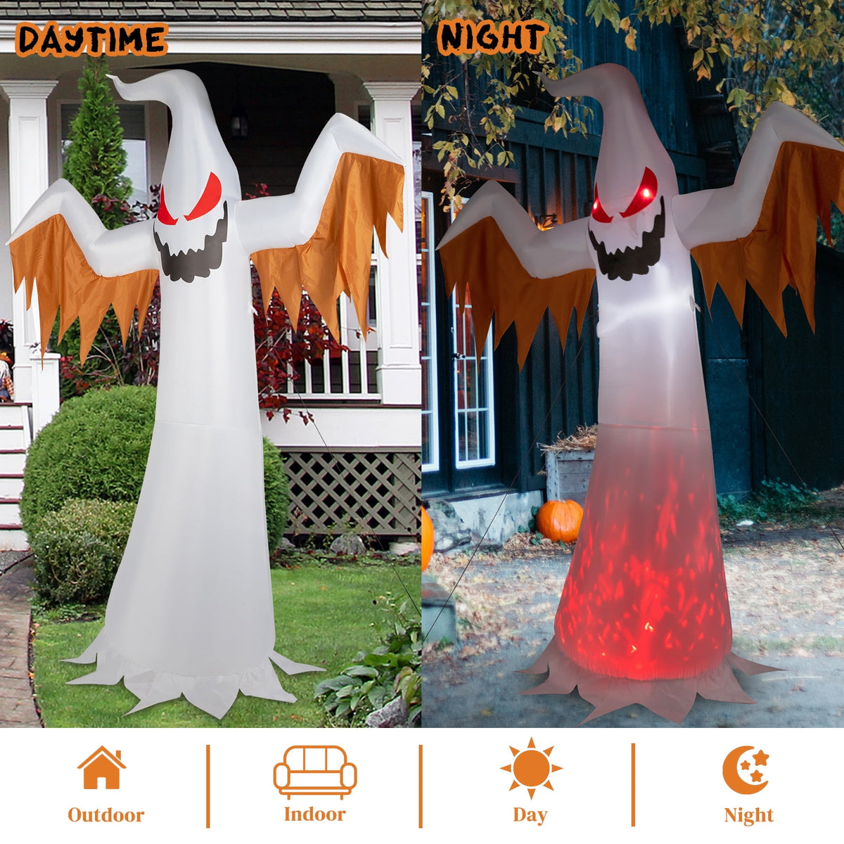 12ft Halloween Inflatable Scary Ghost with Flames and Flashing Red Eyes