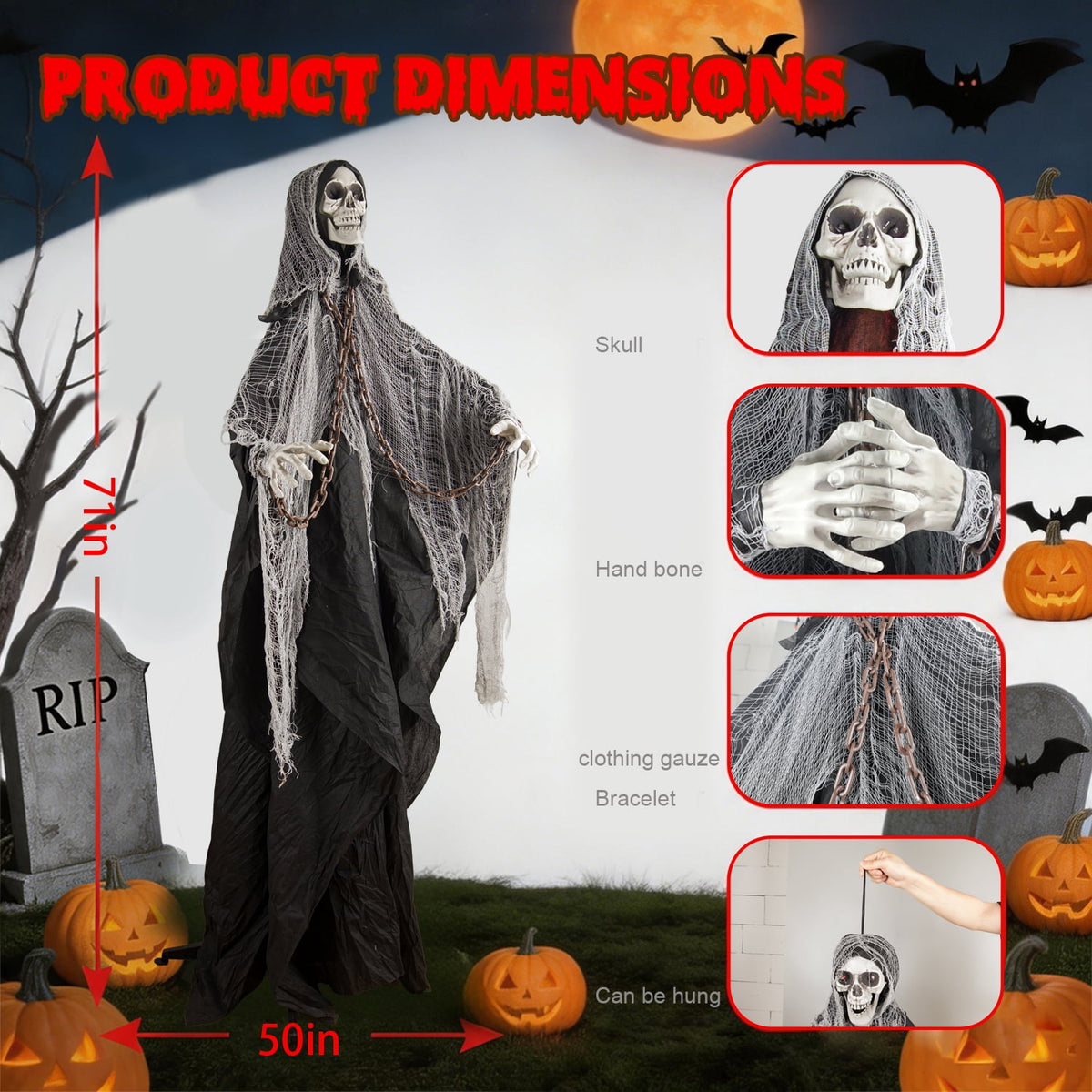 Magotan 6ft Halloween Outdoor Skeleton Ghost Decorations, Sound Controlled Swinging Scary Skeleton Ghost Halloween Decoration for Outdoor Garden Porch Yard Decor,Green
