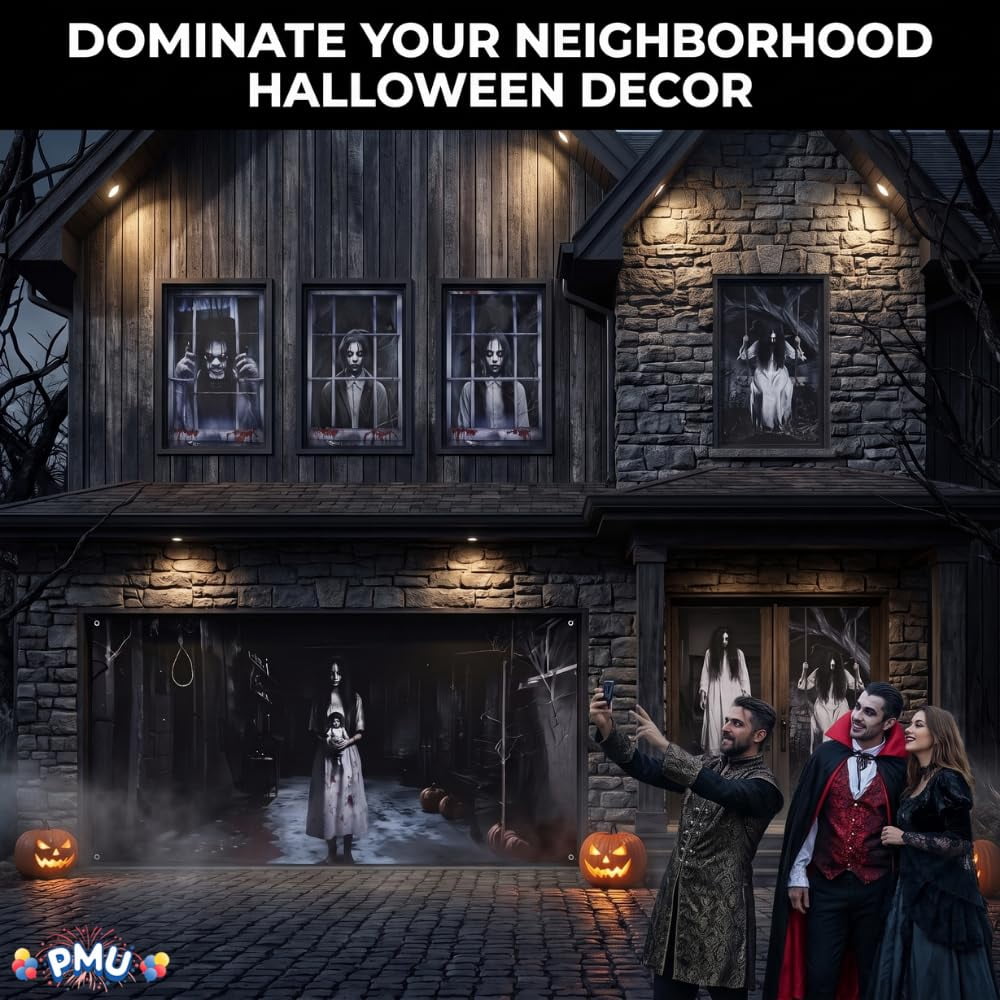 PMU 7-Piece Halloween Garage Door Cover Set, 16 x 7 ft, Skeleton Window & Door Decorations