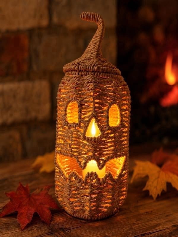Lighted Halloween Table Centerpiece, Witch Hat Pumpkin Lamp, Black Woven Rattan Halloween Decor Indoor, Glowing Tabletop Decoration for Party Home