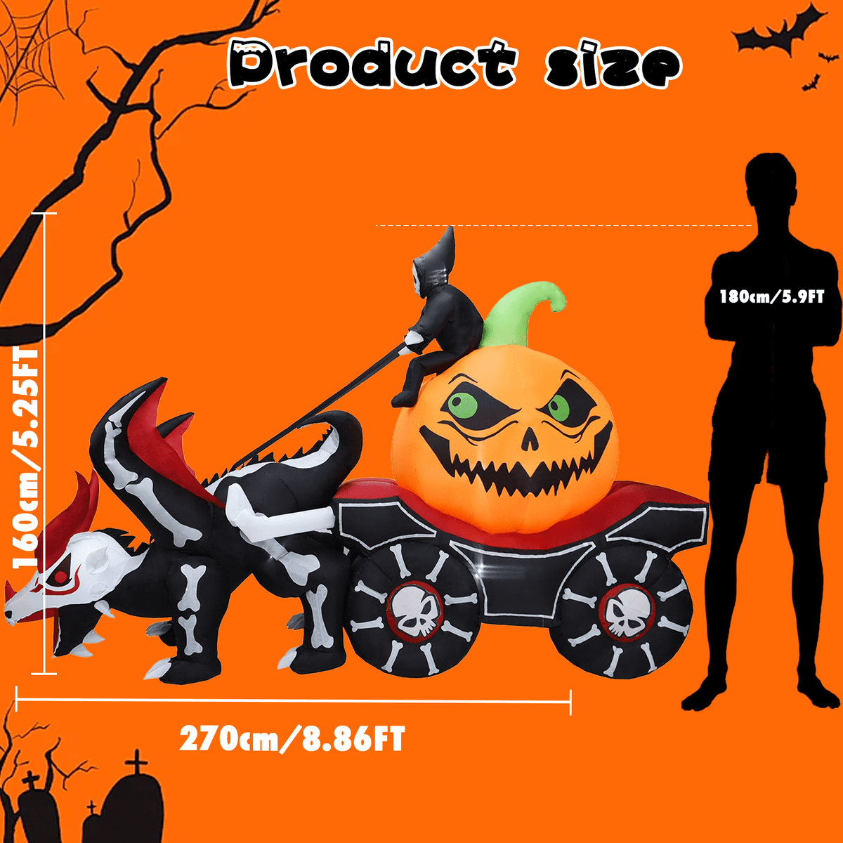 KINQUINN 9 FT Halloween Inflatable Dragon Pull Pumpkin Cart Outdoor Decorations, Blow Up Dragon with Build-in LEDs, Halloween Decorations for Yard Lawn Party Garden Outside Indoor Home Porch