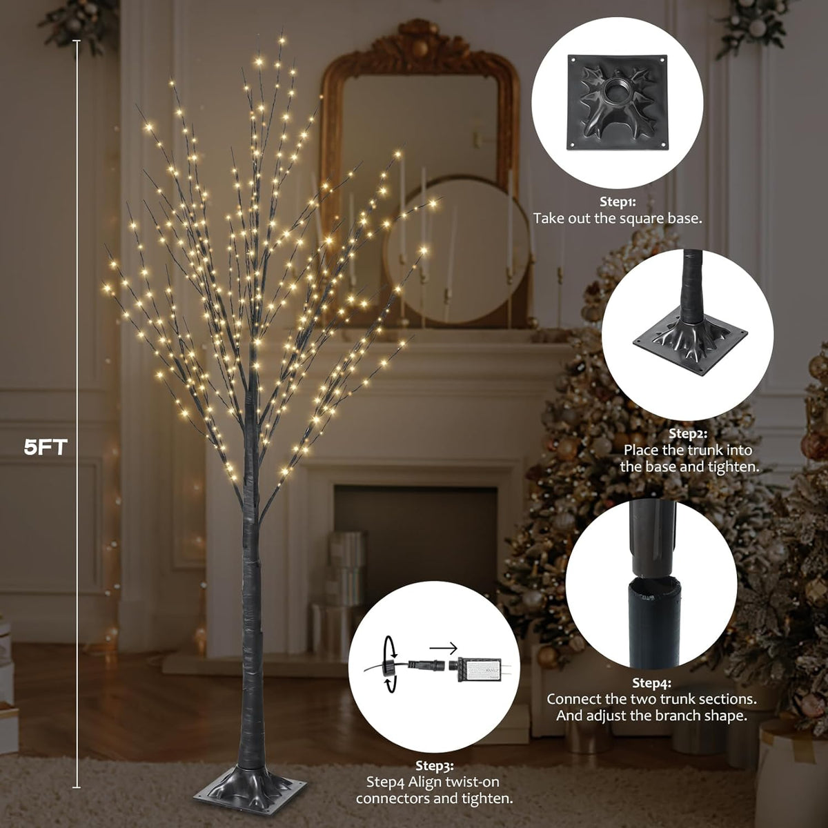 7FT Lighted Twig Tree, 600 Warm White LEDs