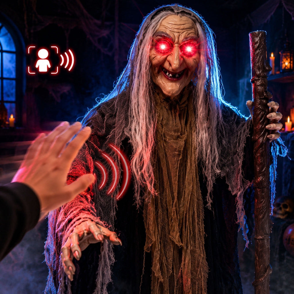 Voglyf Life-Size Scary Poseable Talking Witch 5.6FT, Red LED Glowing Eyes Scary Hag Prop with Wooden Staff, Tattered Gray Cloth Robe Witch for Front Yard Porch Haunted Spooky Party Decor