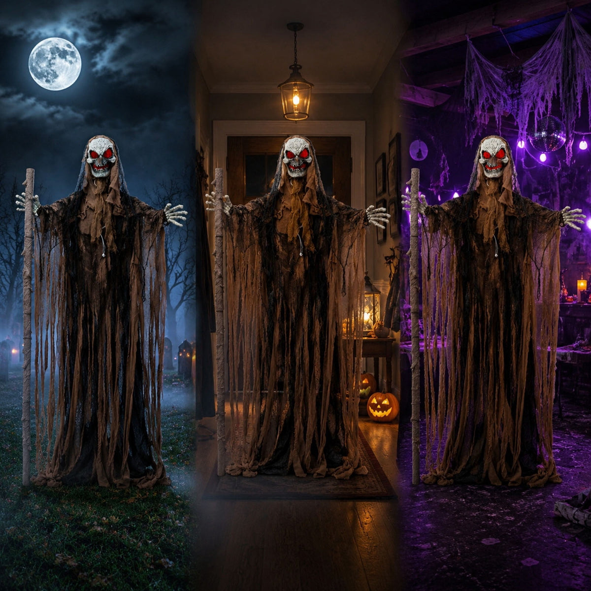Voglyf Life-Size Scary Poseable Talking Witch 5.6FT, Red LED Glowing Eyes Scary Hag Prop with Wooden Staff, Tattered Gray Cloth Robe Witch for Front Yard Porch Haunted Spooky Party Decor