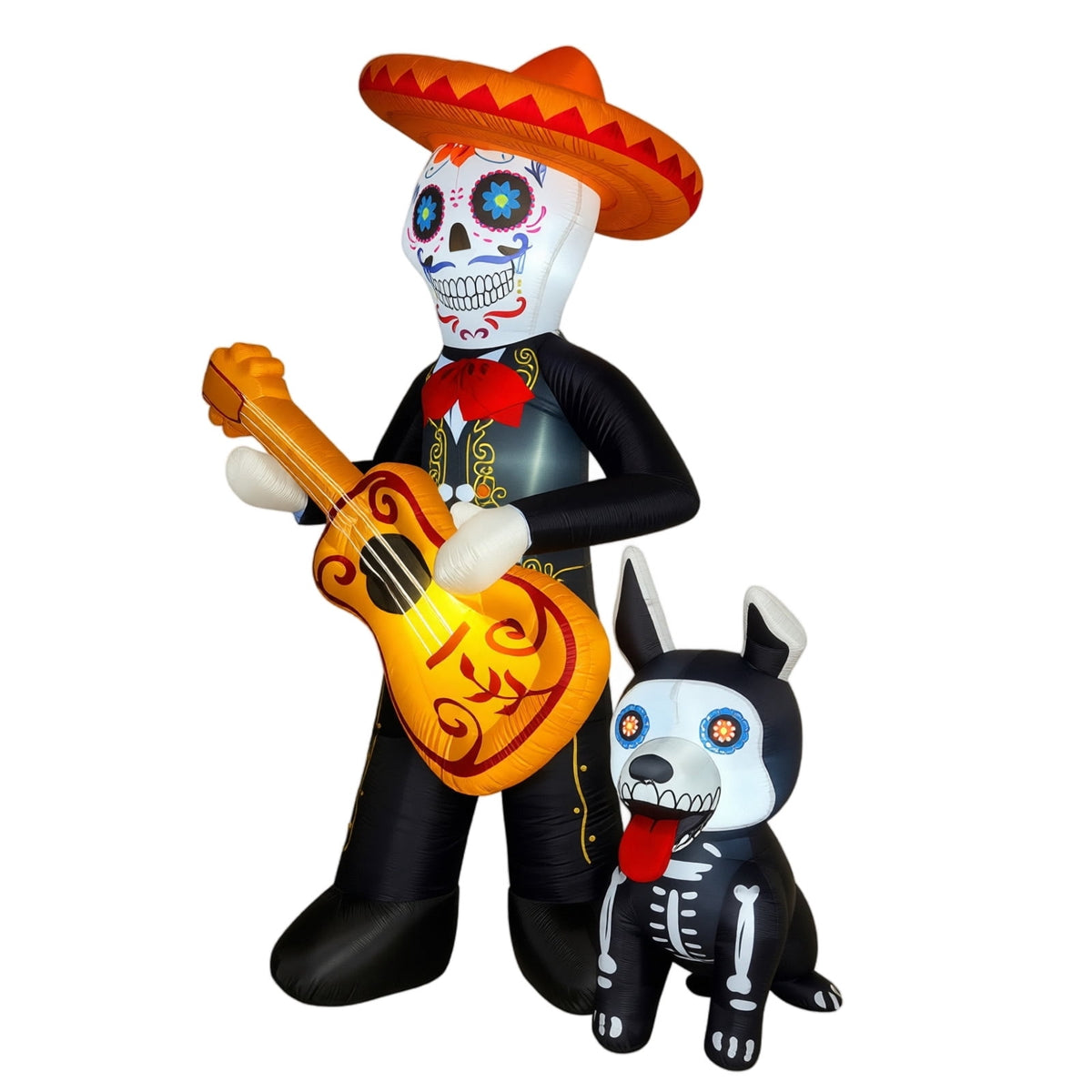 MInHoues 4 ft Halloween Inflatable Mold Ornament, Day of the Dead Skeleton Playing Guitar Decorative Molds, Polyester Spooky Yard Prop for Indoor Outdoor Party Yard Decor