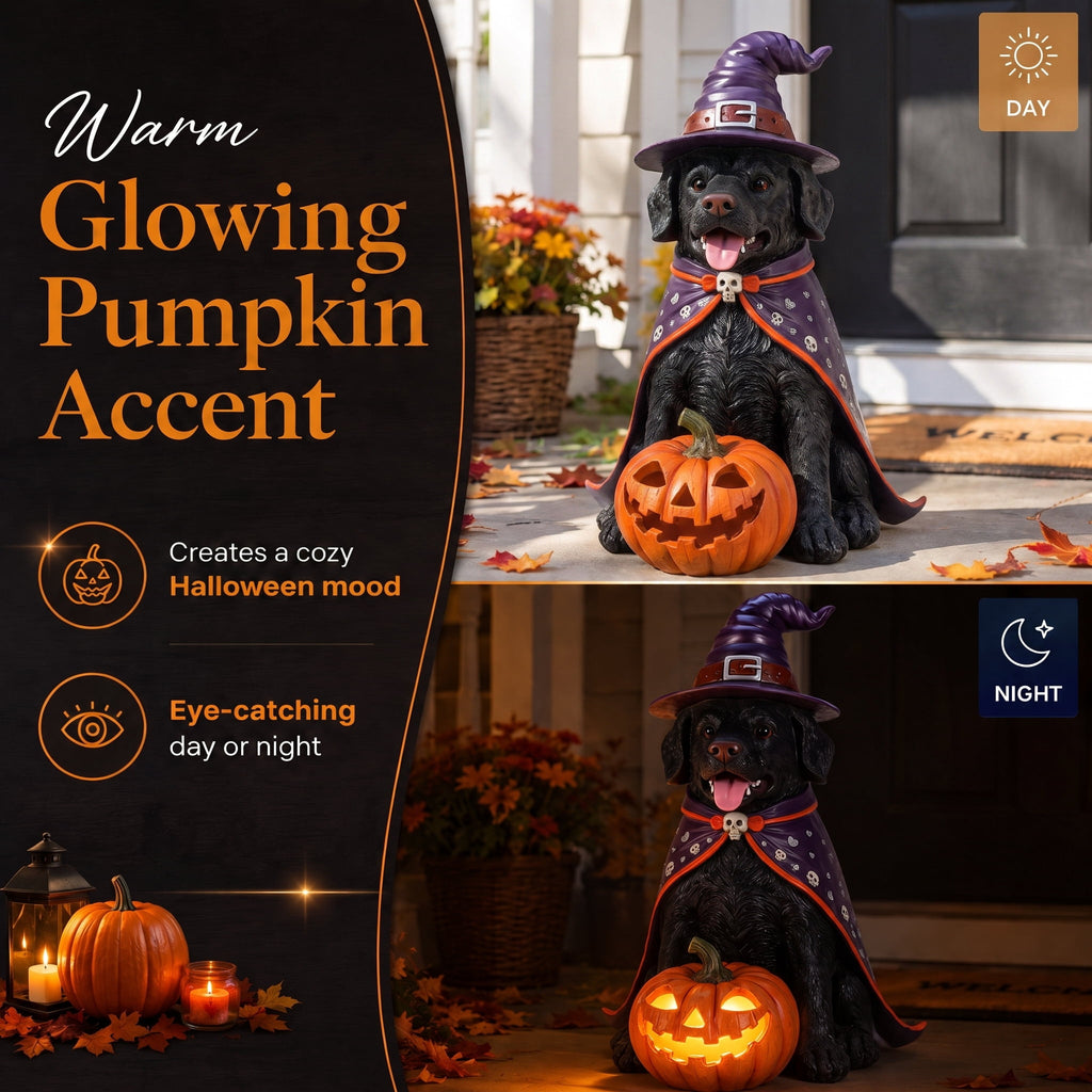 A7Store Halloween Golden Retrieve Dog Indoor Outdoor Porch Statue with Lighted Pumpkin, Pink Witch Hat and Cape