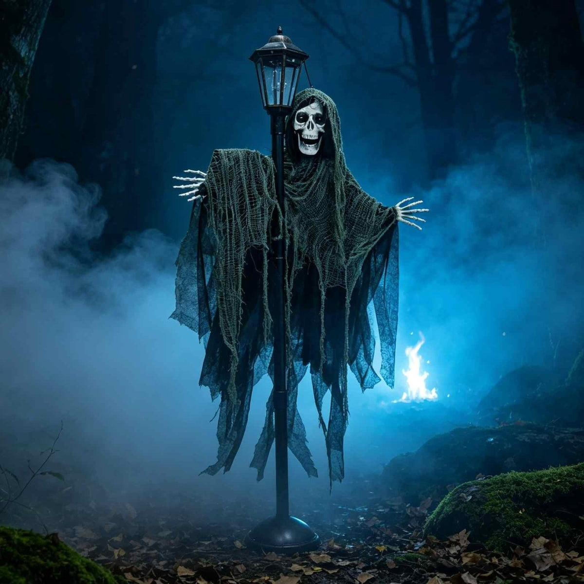 6ft Life Size Halloween Standing Grim Reaper Street Lamp Prop, Light‑Up Eyes Skeleton Ghost with Tattered Robe, Freestanding Outdoor Yard Porch Holiday Decoration
