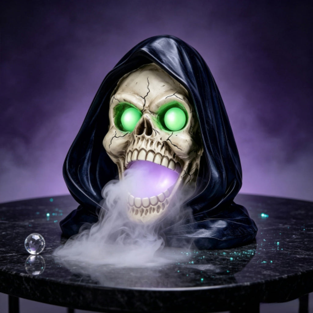 SpookHaven Halloween Jack‑O‑Lantern Pumpkin Mist Sprayer Figurine, LED Light‑Up Fogger with Witch Hat & Skull Decoration, Spooky Ornament for Tabletop Entryway Halloween Party Home Decor