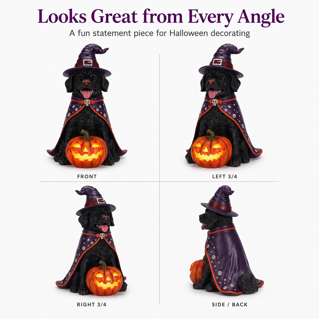 A7Store Halloween Golden Retrieve Dog Indoor Outdoor Porch Statue with Lighted Pumpkin, Pink Witch Hat and Cape