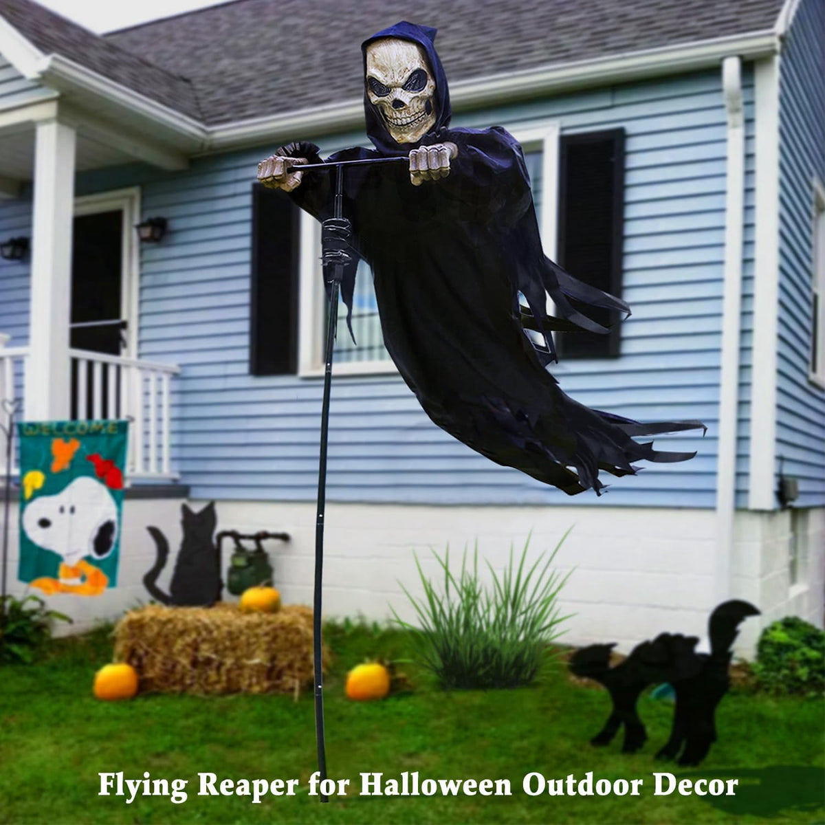6.9FT Skeleton Outdoor Halloween Decoration, Flying Reaper Ghost Scarecrow for Garden, Porch & Yard, Rotated Skull Spooky Prop for Haunted House Décor