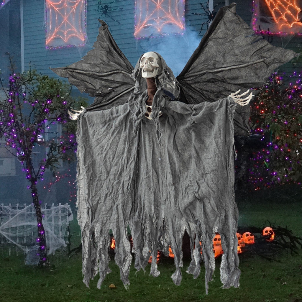 Zhourta Electric Flying Skeleton Ghost Animated Halloween Prop with Flapping Wings for Haunted Yard