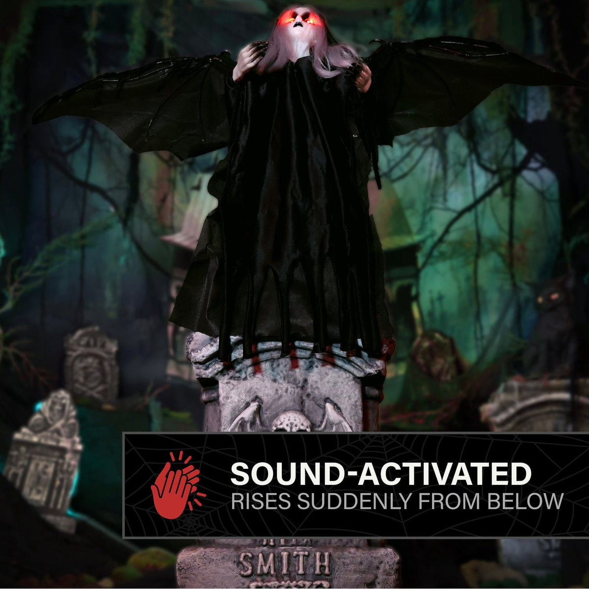Haunted Hill Farm Red LED Battery Creepy Girl Tombstone with Wings Halloween Animatronic 3.1-Ft.
