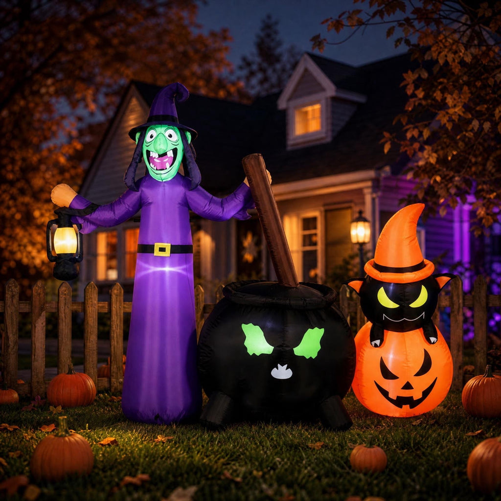 Halloween Inflatable Outdoor Decoration 6 Ft Witch with Lantern Cauldron and Pumpkin Blow Up Yard Prop with LED Lights for Garden Lawn Fall Party Decor