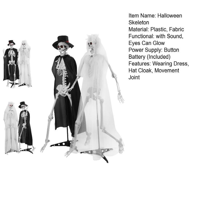 Floseru 65 Inch Halloween Skeleton Couple Set, Bride in Veil and Groom in Robe, Glowing Eyes, Poseable Joints, for Indoor Outdoor Decor